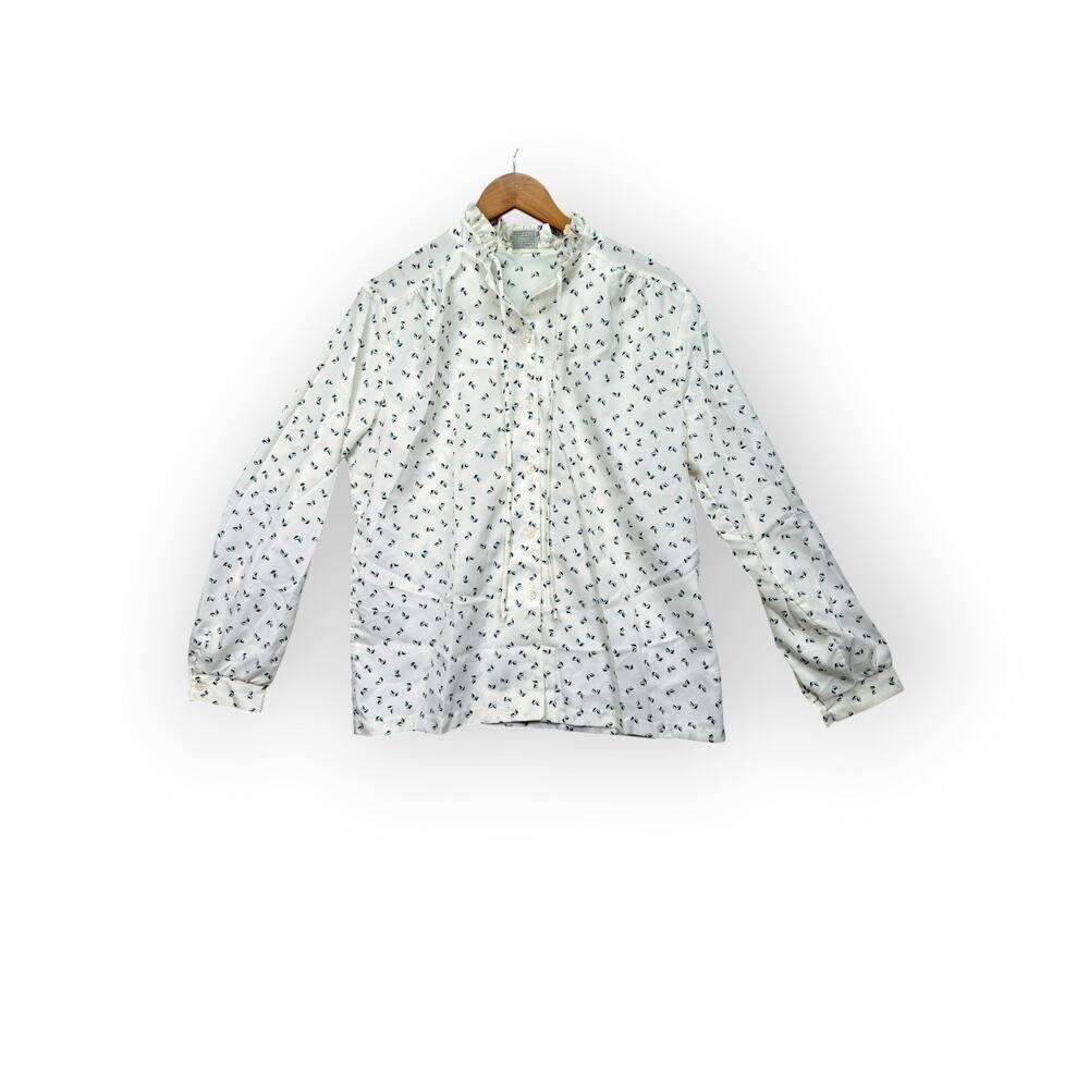 Vintage 60s 70s Pykettes Groovy Disco Mod Blouse 16 Long Sleeve Floral White L
